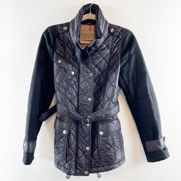 Burberry Brit Quilted Belted Trench Coat Jacket Mixed Media Black Small - Picture 1 of 13